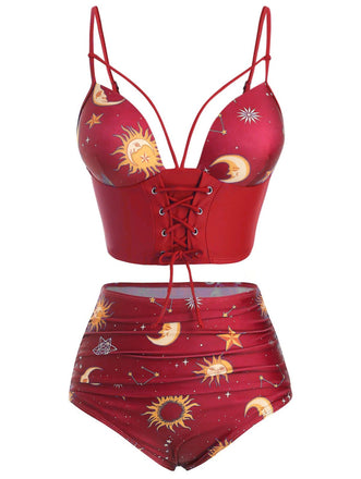 1940s Sun Moon Stars Lace-Up Swimsuit — because 1940s glamour never goes out of style