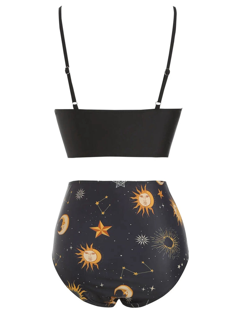 1940s Sun Moon Stars Lace-Up Swimsuit: 1940s Riviera elegance, reimagined for her