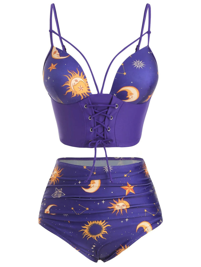 1940s Sun Moon Stars Lace-Up Swimsuit — 1940s poolside glamour meets sun-drenched confidence