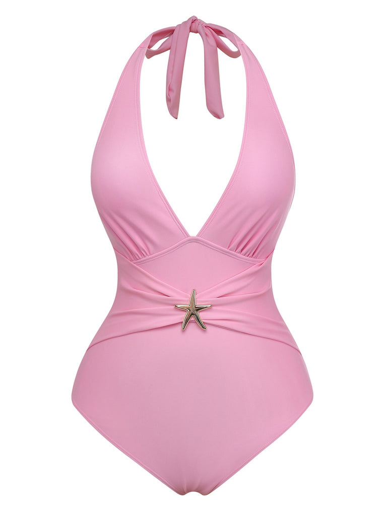 2PCS 1940s Deep V Halter Starfish One-Piece Swimsuit & Cover-Up - vintage swimsuit, pin-up style