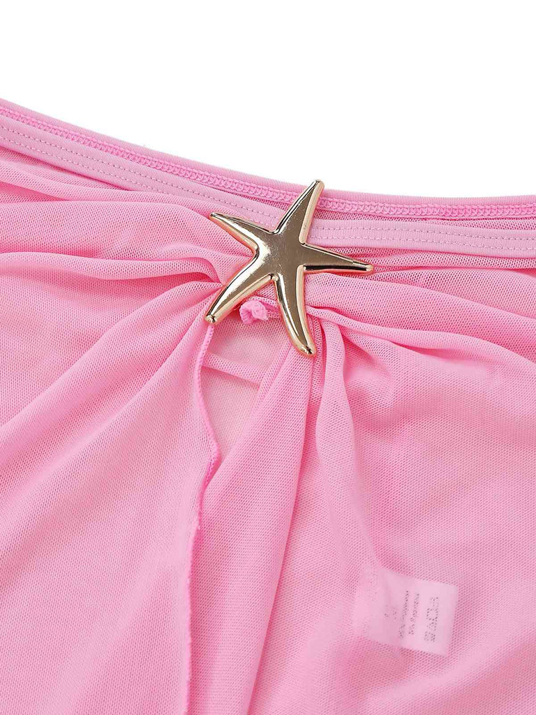 2PCS 1940s Deep V Halter Starfish One-Piece Swimsuit & Cover-Up - vintage swimsuit, pin-up style
