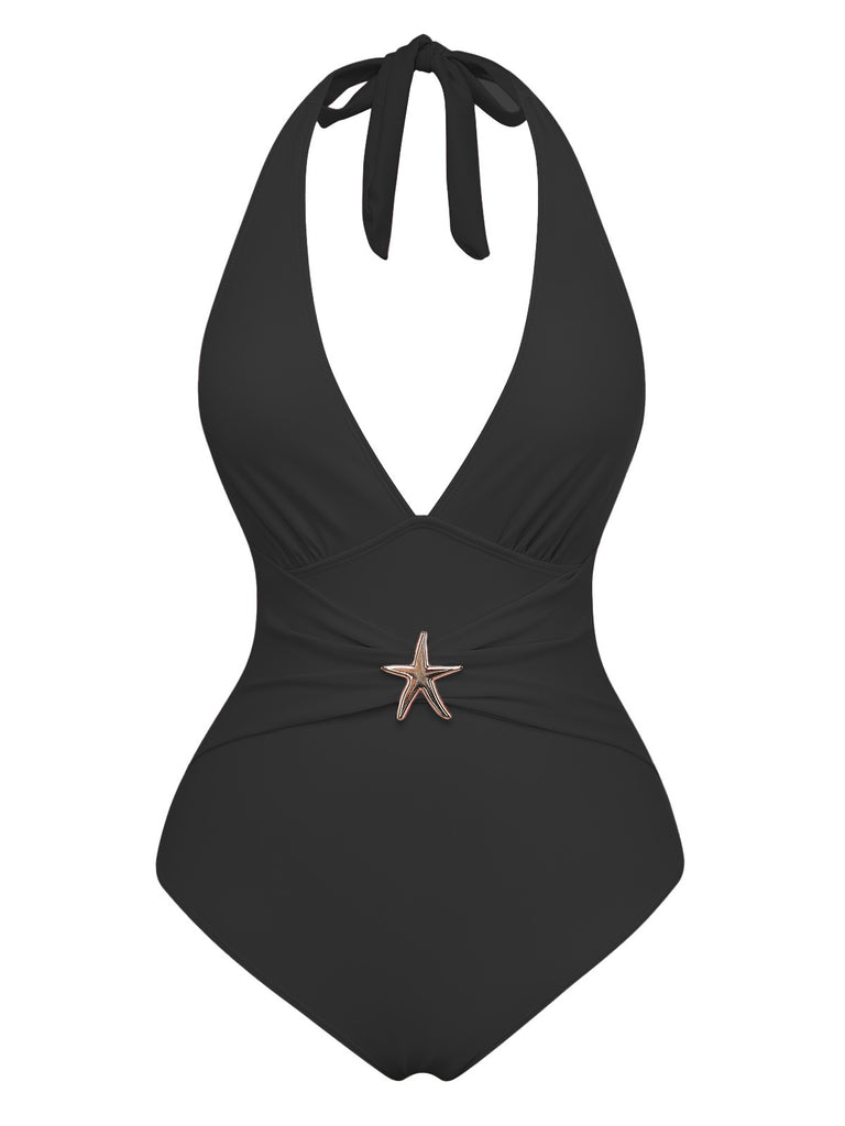 2PCS 1940s Deep V Halter Starfish One-Piece Swimsuit & Cover-Up - vintage swimsuit, pin-up style