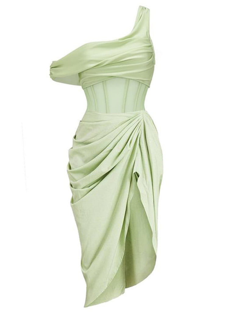2PCS Green 1940s One-Shoulder One-Piece Swimsuit & Pleated Cover Up - vintage swimsuit, pin-up style