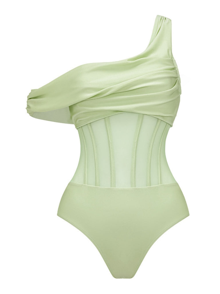 2PCS Green 1940s One-Shoulder One-Piece Swimsuit & Pleated Cover Up - vintage swimsuit, pin-up style