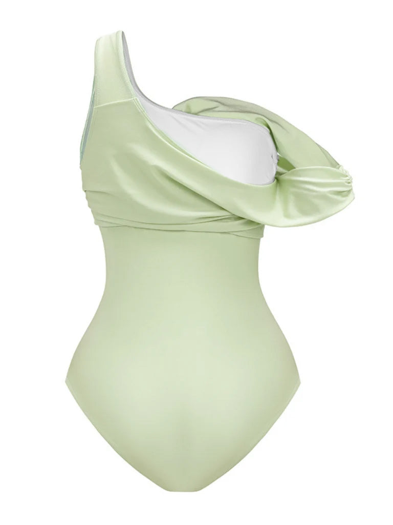 2PCS Green 1940s One-Shoulder One-Piece Swimsuit & Pleated Cover Up - vintage swimsuit, pin-up style