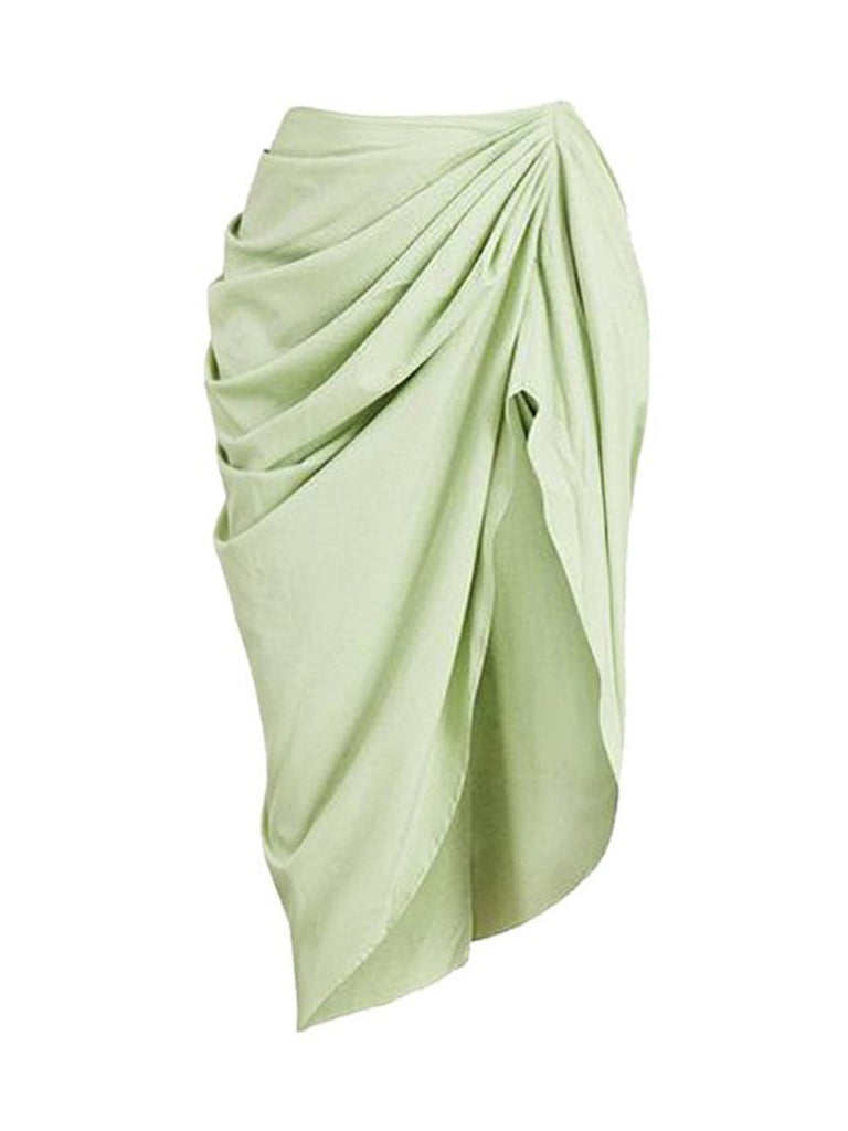 2PCS Green 1940s One-Shoulder One-Piece Swimsuit & Pleated Cover Up - vintage swimsuit, pin-up style