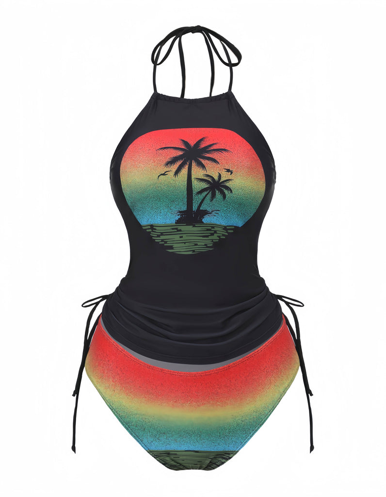 Black 1940s Sunset Palm Tree Tie-Dye Tankinis Swimsuit - vintage swimsuit, pin-up style, classic black