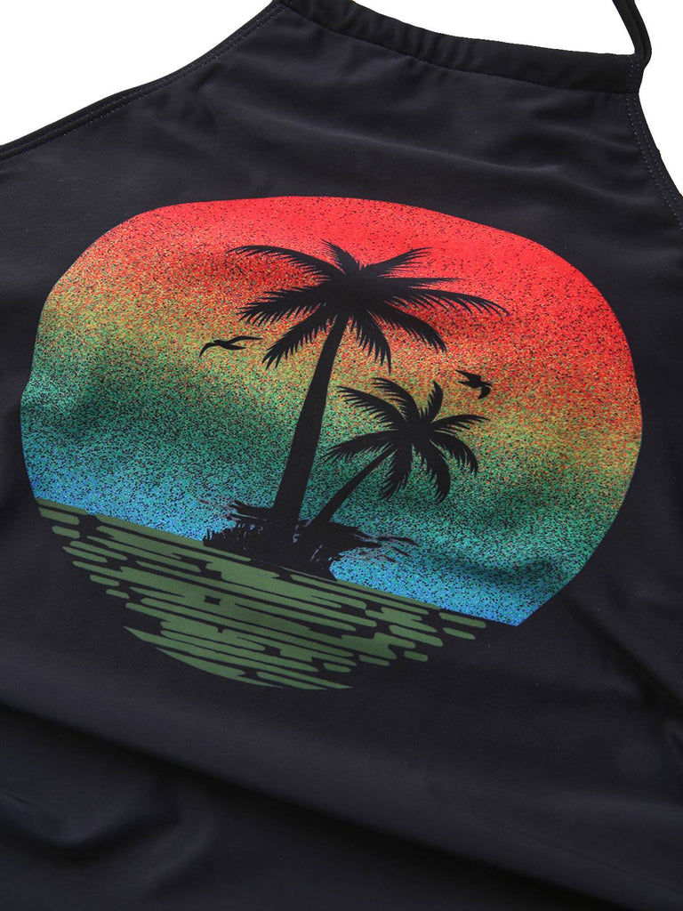 Black 1940s Sunset Palm Tree Tie-Dye Tankinis Swimsuit - vintage swimsuit, pin-up style, classic black