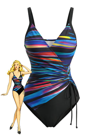 Blue 1940s Colorblock Striped Drawstring One-Piece Swimsuit - vintage swimsuit, pin-up style