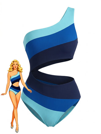 Blue 1940s One-Shoulder Striped Colorblock One-Piece Swimsuit - vintage swimsuit, pin-up style