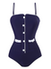 Dark Blue 1940s Button Spaghetti Strap One-piece Swimsuit - vintage swimsuit, pin-up style