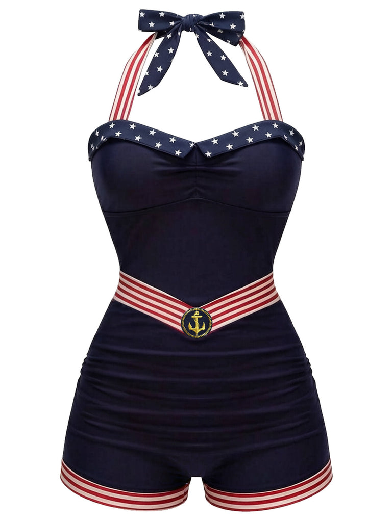 Navy Blue 1940s Lace-up Patchwork One Piece Swimsuit - vintage swimsuit, pin-up style
