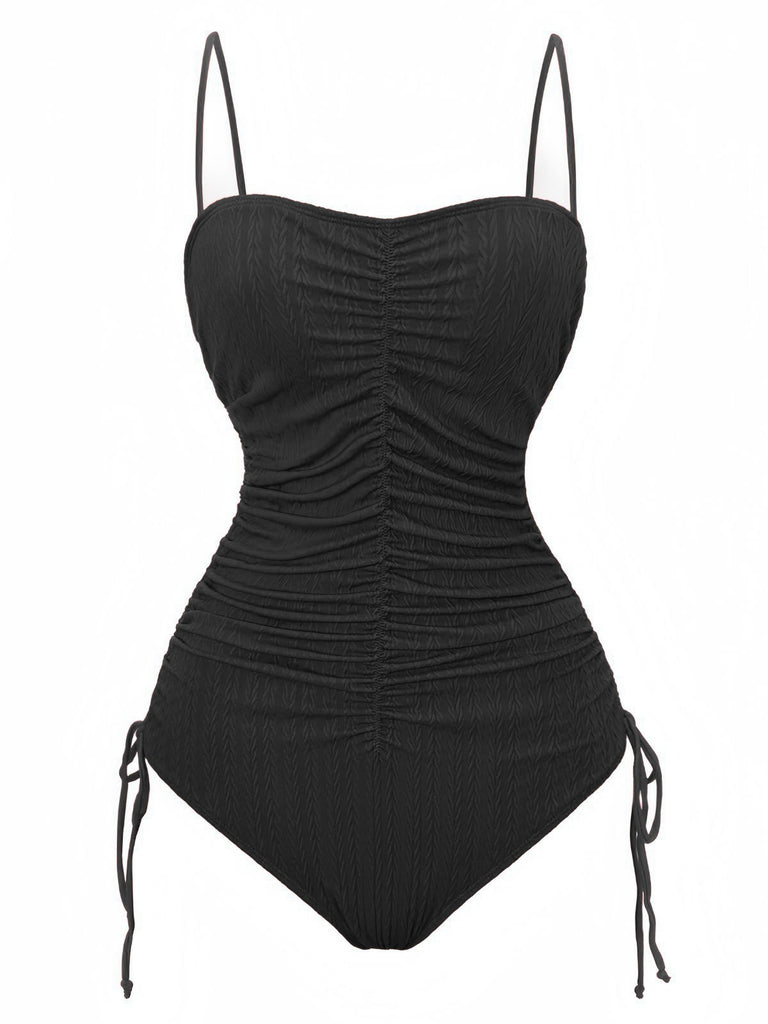 1940s Solid Ruched Spaghetti Strap One-Piece Swimsuit - vintage swimsuit, pin-up style