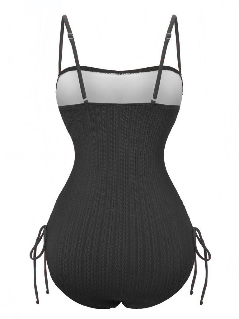 1940s Solid Ruched Spaghetti Strap One-Piece Swimsuit - vintage swimsuit, pin-up style