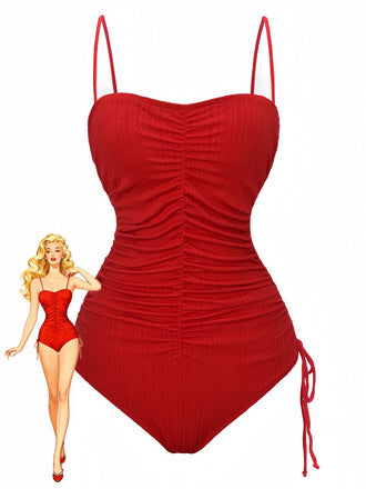 1940s Solid Ruched Spaghetti Strap One-Piece Swimsuit - vintage swimsuit, pin-up style