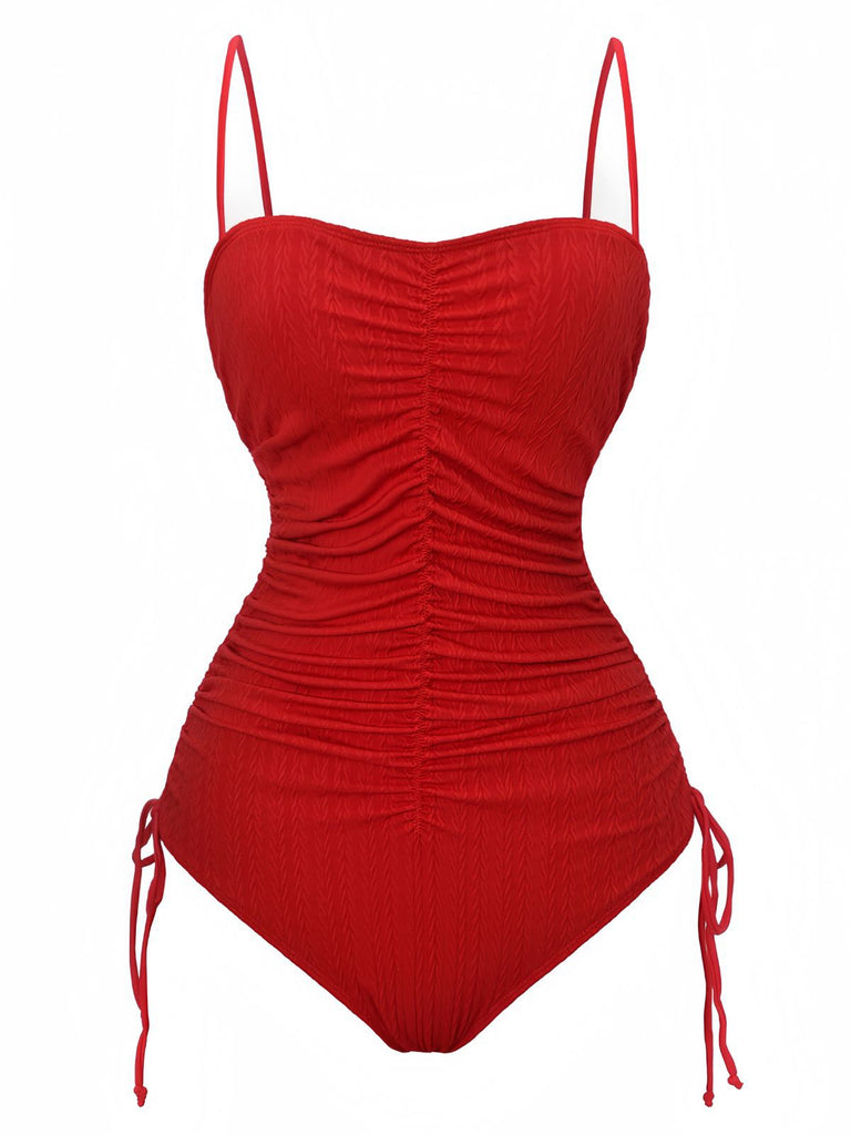 1940s Solid Ruched Spaghetti Strap One-Piece Swimsuit - vintage swimsuit, pin-up style