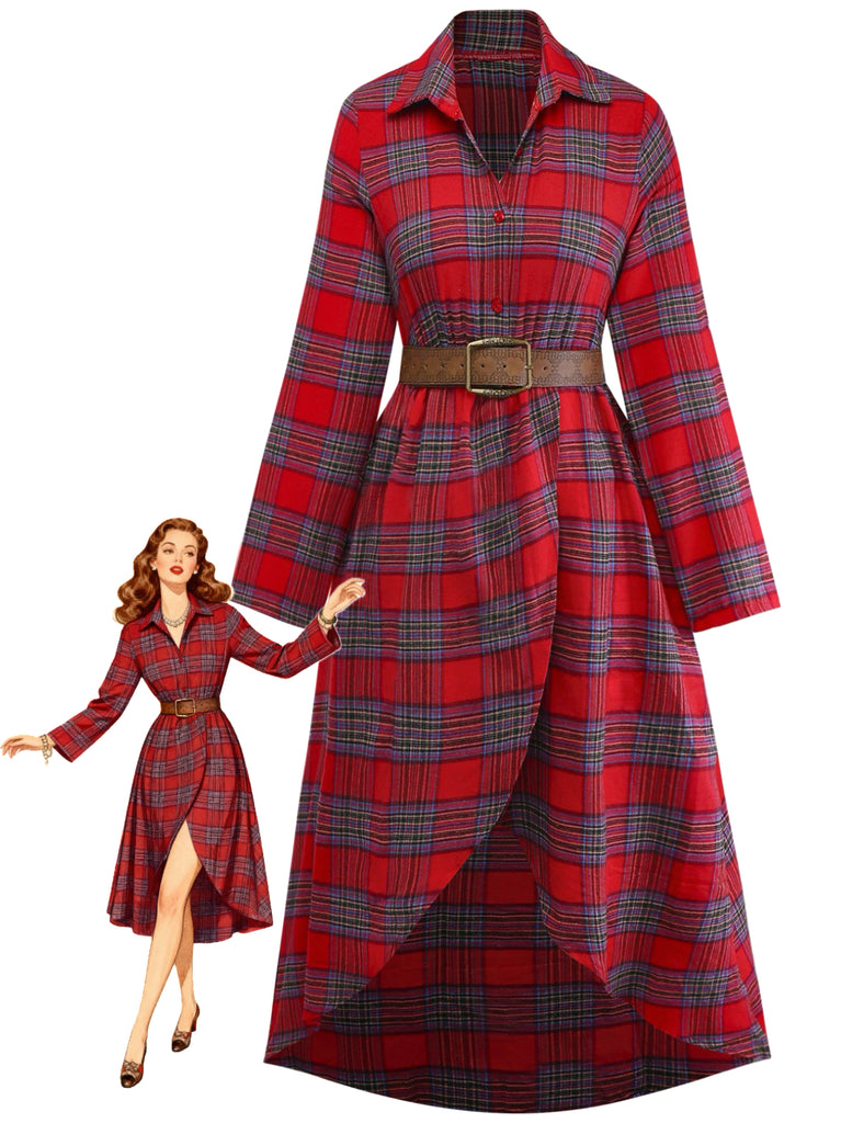 1940s Tartan Plaid Long Sleeve Belted Shirt Dress - vintage dress, retro fashion