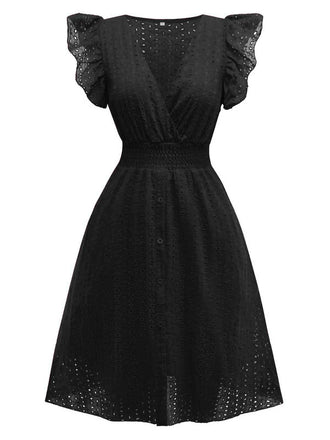 1940s V-Neck Cutout Cotton Smocked Ruffled Dress - vintage dress, retro fashion