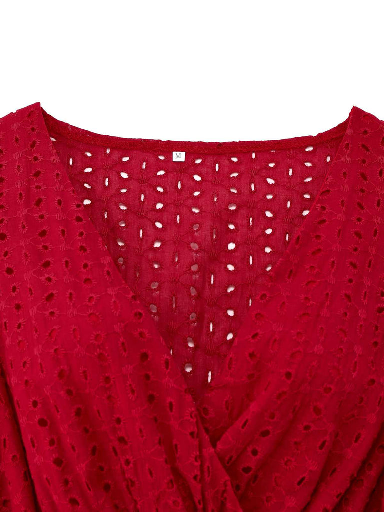 1940s V-Neck Cutout Cotton Smocked Ruffled Dress - vintage dress, retro fashion