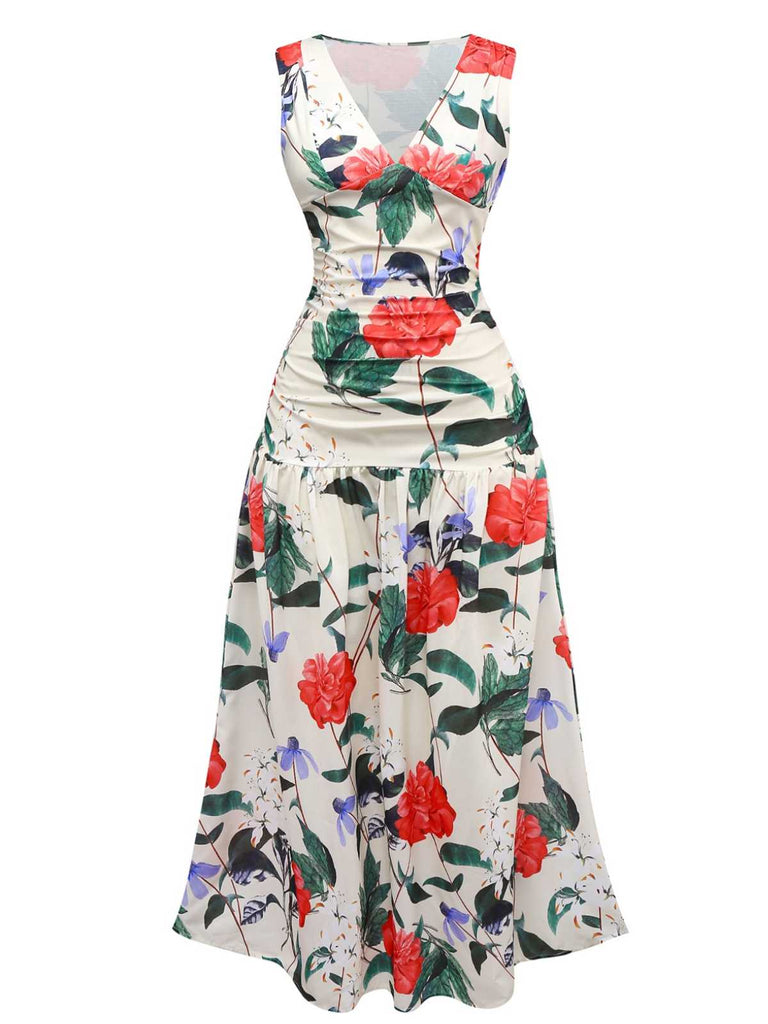 She slips into this 1940s V-Neck Floral Ruched Sleeveless Dress and suddenly it's a 1940s daydream