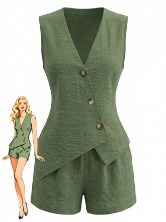 1940s V-Neck Lace-Up Vest & Shorts Set - vintage fashion, retro style