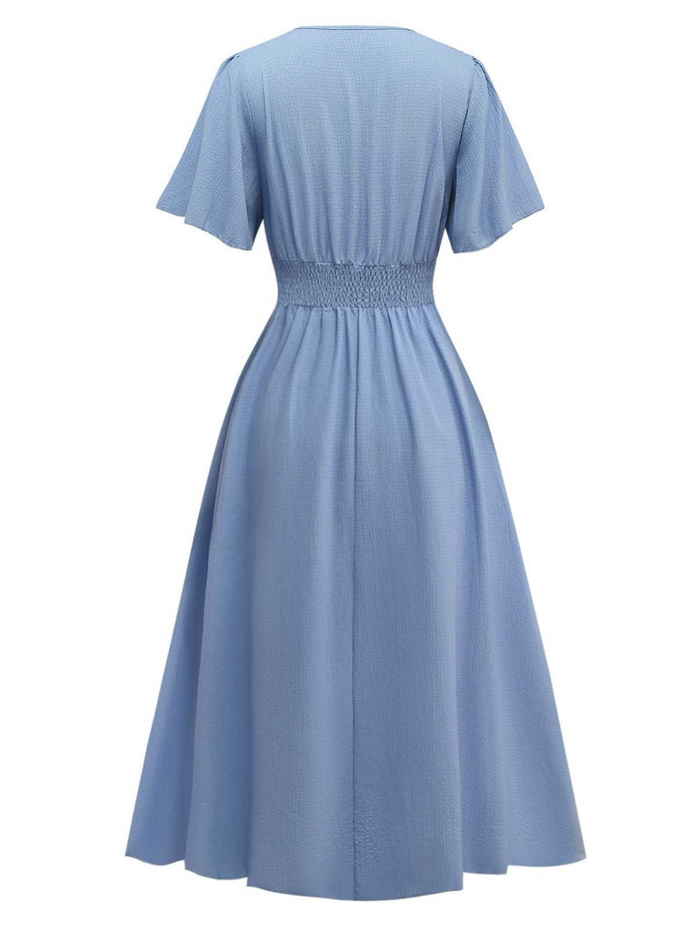 1940s V-Neck Ruffled Sleeve Slit Dress - vintage dress, retro fashion
