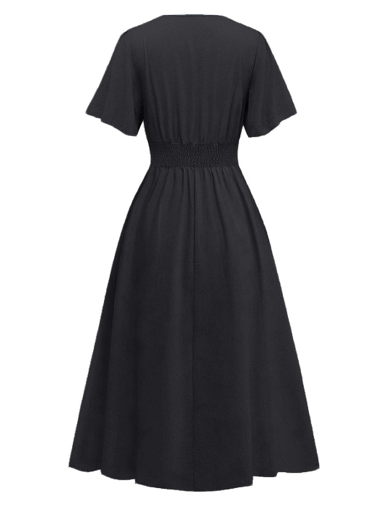 1940s V-Neck Ruffled Sleeve Slit Dress - vintage dress, retro fashion