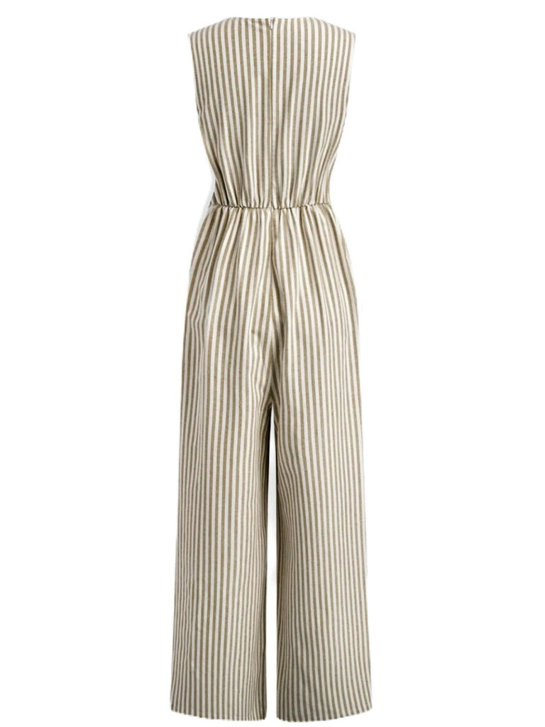 1940s V-Neck Striped Tie-Waist Sleeveless Jumpsuit - vintage jumpsuit, retro fashion
