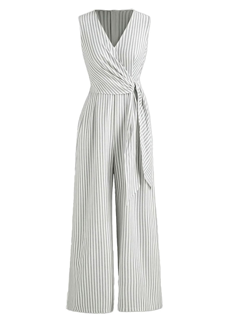 1940s V-Neck Striped Tie-Waist Sleeveless Jumpsuit - vintage jumpsuit, retro fashion