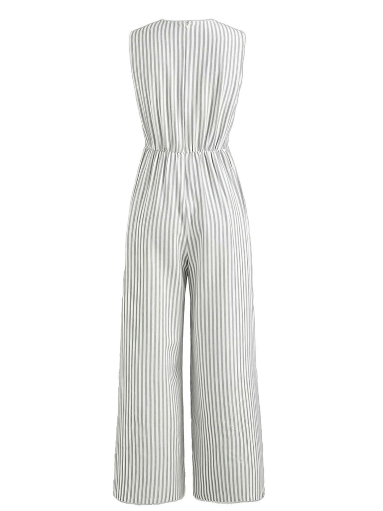1940s V-Neck Striped Tie-Waist Sleeveless Jumpsuit - vintage jumpsuit, retro fashion