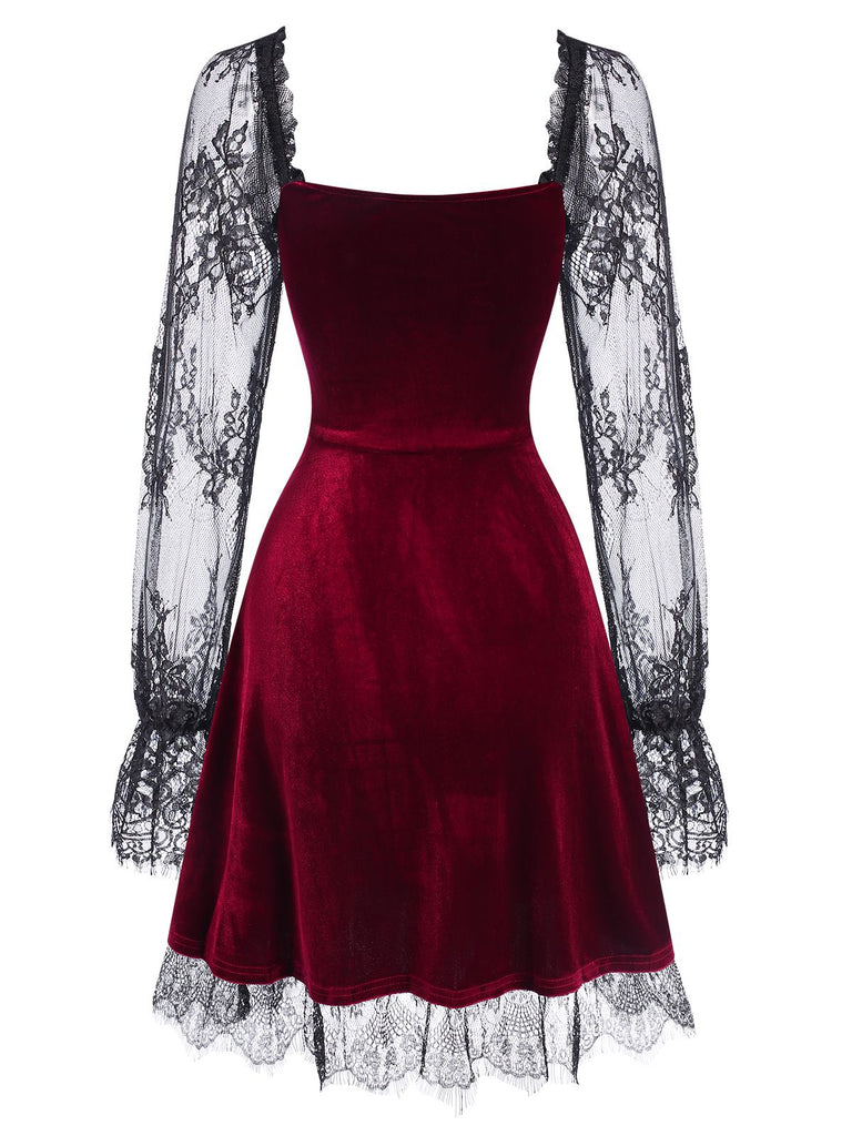 1940s Velvet Lace Flared Patchwork Dress, vintage dress, retro fashion, lace detail - perfect for women who love vintage and retro fashion