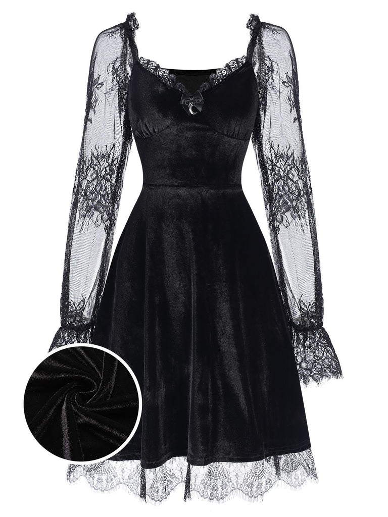 1940s Velvet Lace Flared Patchwork Dress, vintage dress, retro fashion, lace detail - perfect for women who love vintage and retro fashion