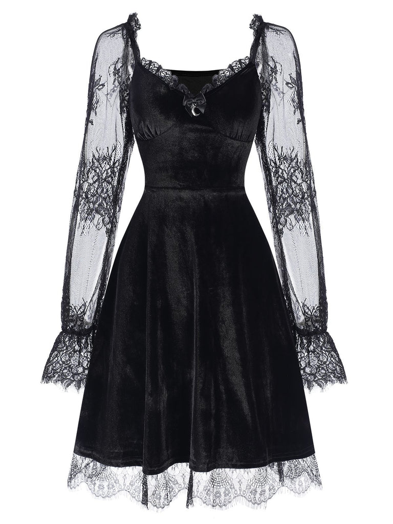 1940s Velvet Lace Flared Patchwork Dress, vintage dress, retro fashion, lace detail - perfect for women who love vintage and retro fashion