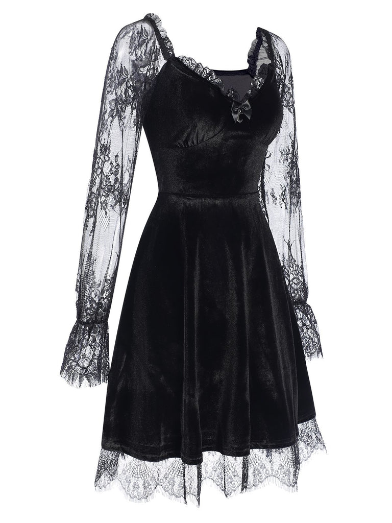 1940s Velvet Lace Flared Patchwork Dress, vintage dress, retro fashion, lace detail - perfect for women who love vintage and retro fashion