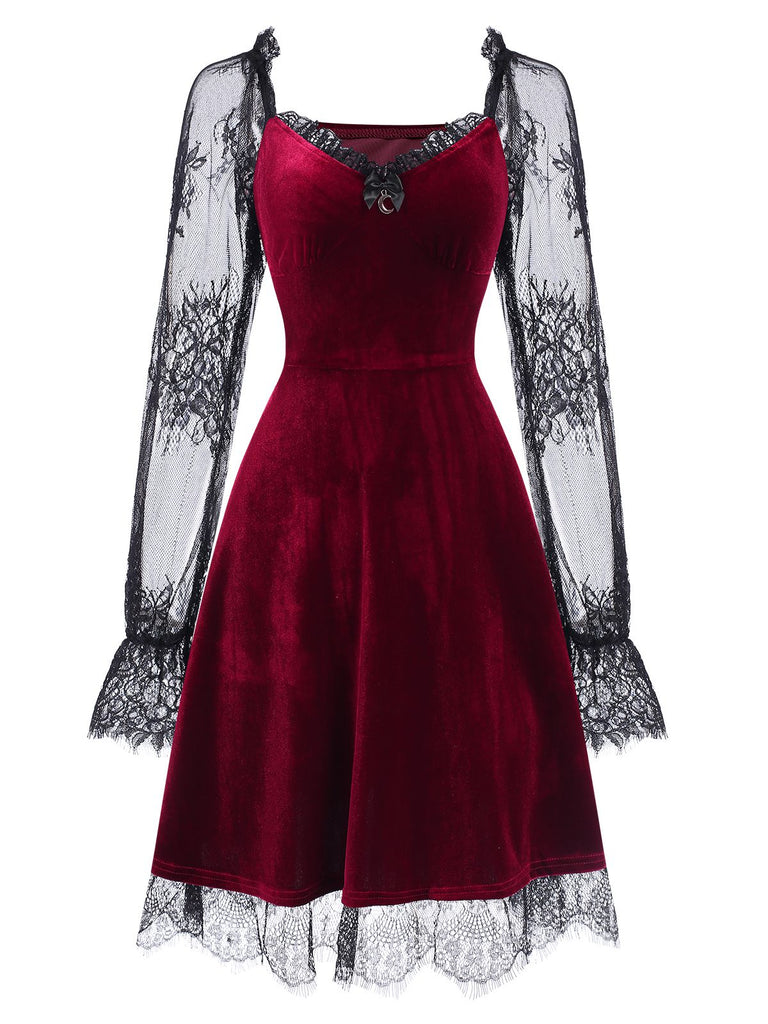 1940s Velvet Lace Flared Patchwork Dress, vintage dress, retro fashion, lace detail - perfect for women who love vintage and retro fashion