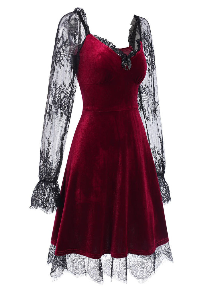 1940s Velvet Lace Flared Patchwork Dress, vintage dress, retro fashion, lace detail - perfect for women who love vintage and retro fashion
