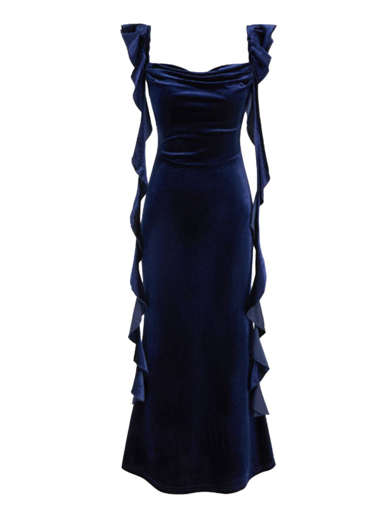 1940s Velvet Ribbon Strap Ruffled Detail Dress - vintage dress, retro fashion