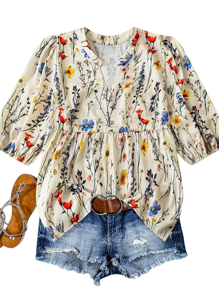 Plus Size 1940s Floral V Neck Vintage Top