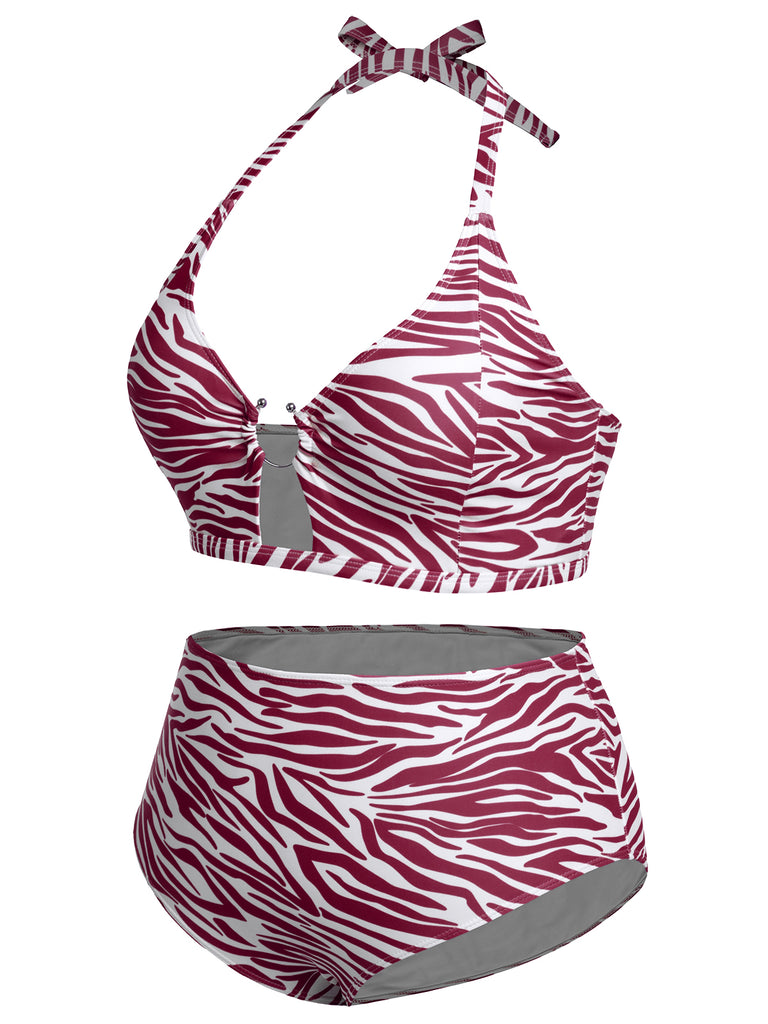 [Plus Size] 1940s Zebra Print Cutout Halter Swimsuit, vintage swimsuit, pin-up swimwear - perfect for women who love vintage and retro fashion