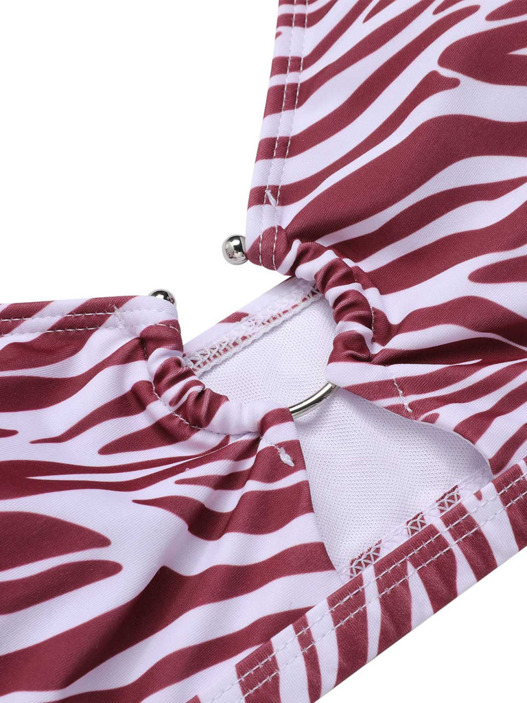[Plus Size] 1940s Zebra Print Cutout Halter Swimsuit, vintage swimsuit, pin-up swimwear - perfect for women who love vintage and retro fashion