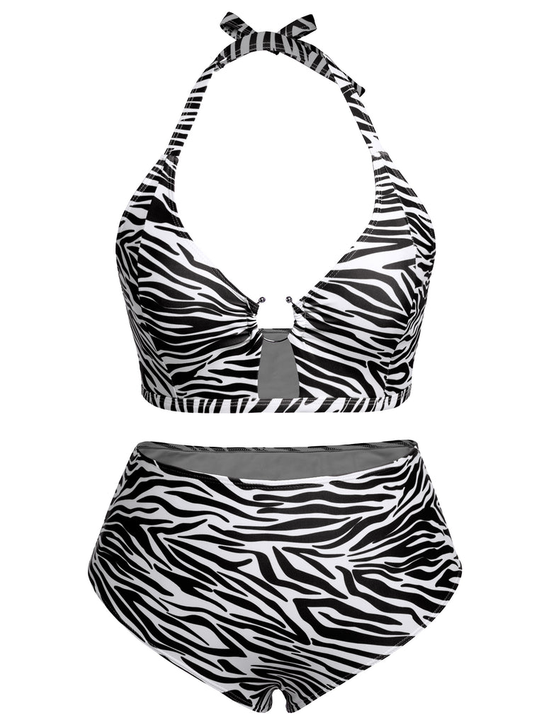 [Plus Size] 1940s Zebra Print Cutout Halter Swimsuit, vintage swimsuit, pin-up swimwear - perfect for women who love vintage and retro fashion