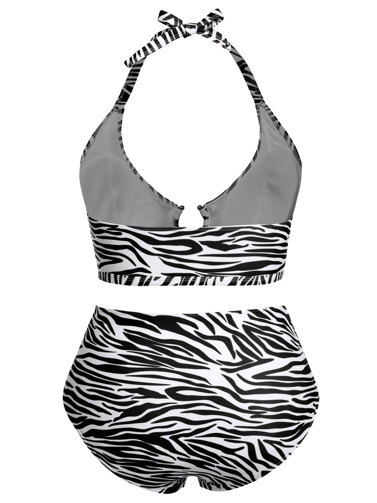 [Plus Size] 1940s Zebra Print Cutout Halter Swimsuit, vintage swimsuit, pin-up swimwear - perfect for women who love vintage and retro fashion