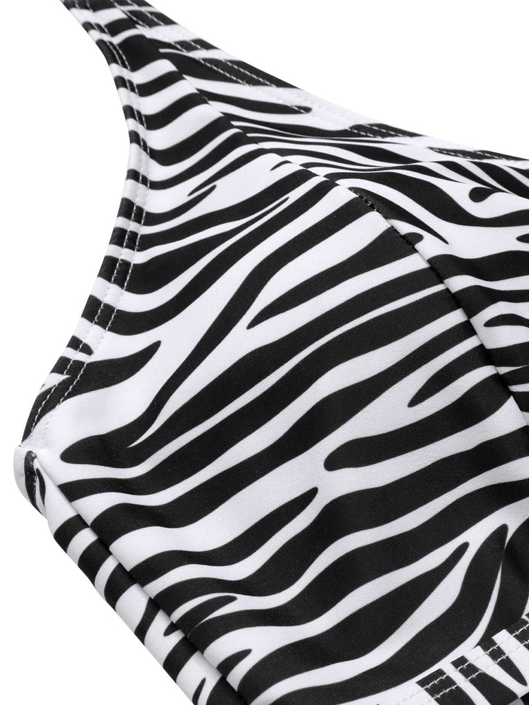 [Plus Size] 1940s Zebra Print Cutout Halter Swimsuit, vintage swimsuit, pin-up swimwear - perfect for women who love vintage and retro fashion
