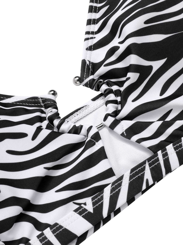 [Plus Size] 1940s Zebra Print Cutout Halter Swimsuit, vintage swimsuit, pin-up swimwear - perfect for women who love vintage and retro fashion