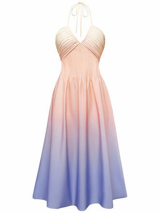 1940s Ombre Deep V-Neck Halter Dress