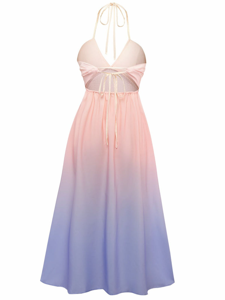 1940s Ombre Deep V-Neck Halter Dress