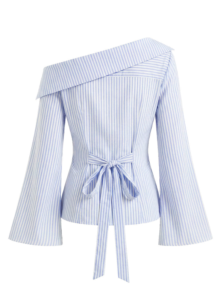 Blue and white striped off-shoulder top with a tie detail on a white background