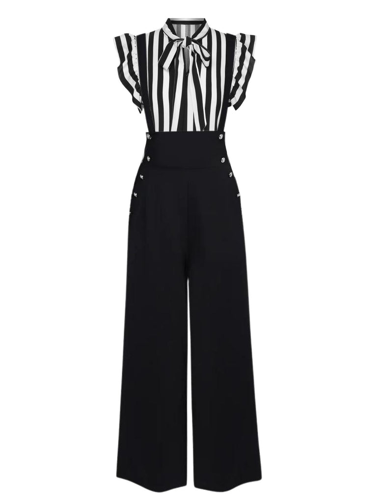 2PCS Black 1930s Stripes Tie Collar Blouse & Suspender Pants