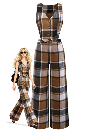 2PCS Khaki 1950s Faux Wool Plaid Sleeveless Vest & Pants - vintage fashion, retro style