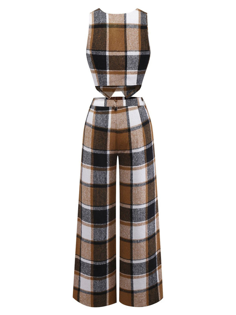 2PCS Khaki 1950s Faux Wool Plaid Sleeveless Vest & Pants - vintage fashion, retro style